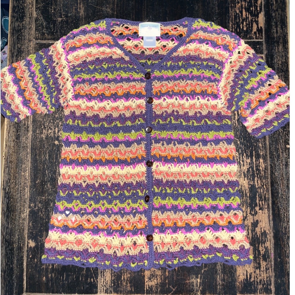 Susan Bristol Casuals Vintage Crochet Knit Short Sleeve Cardigan Purple Small